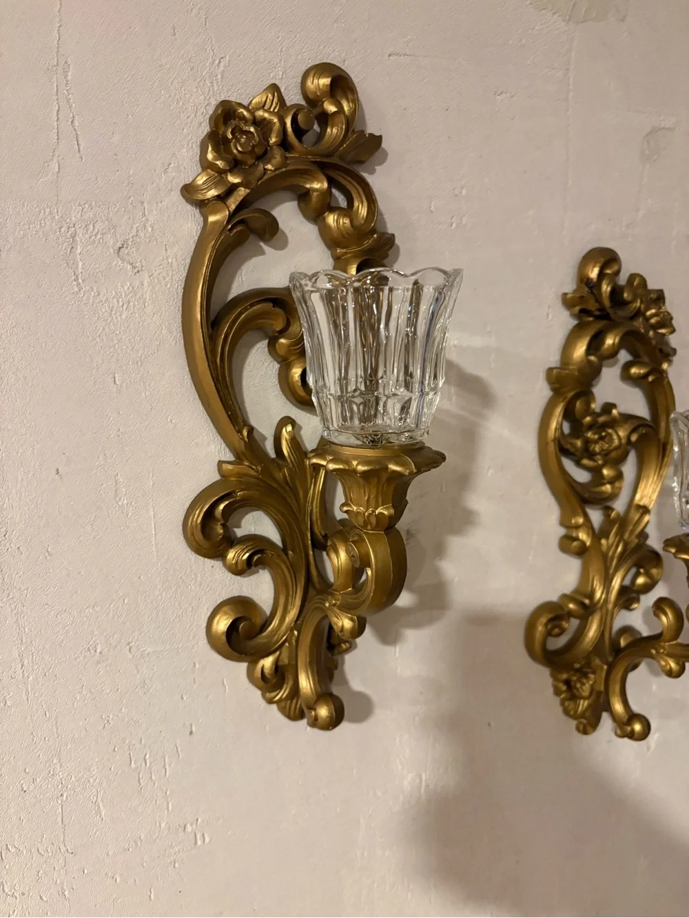 Pair of Gold Ornate Wall Lantern Sconces with Clear Glass Cups